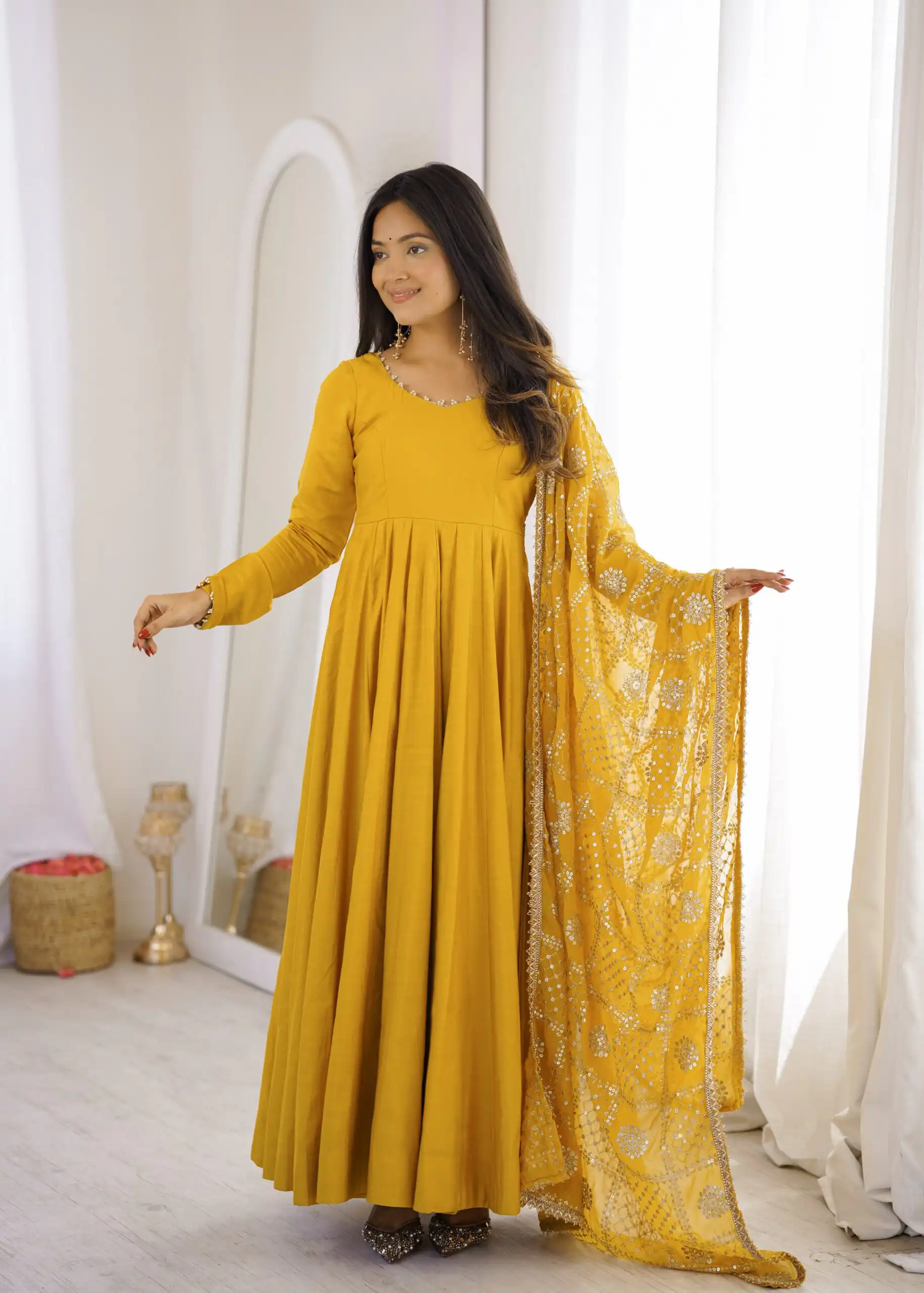 Super Yellow Roman Silk Chanderi Lace Work Anarkali Suit - Image 5