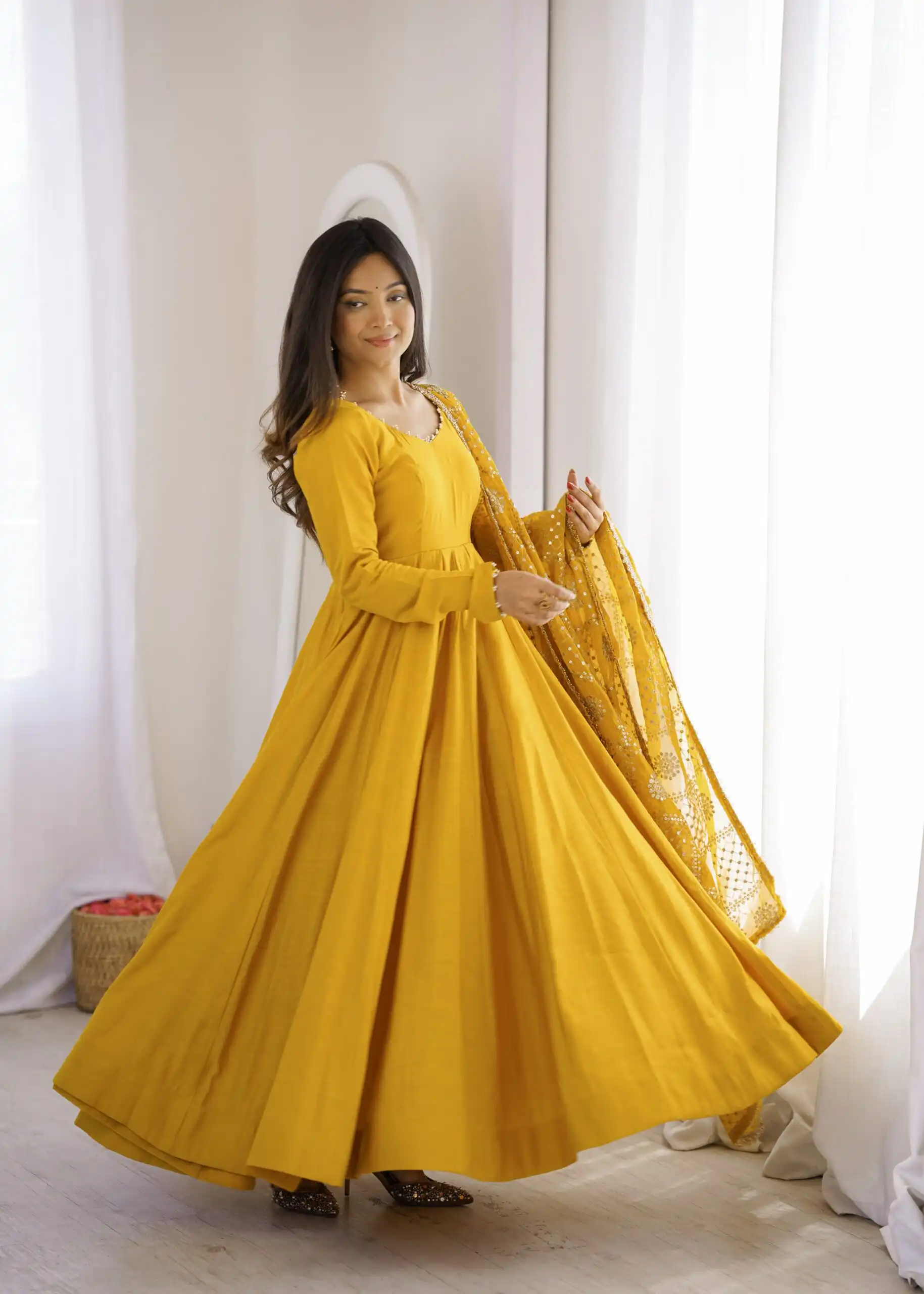 Super Yellow Roman Silk Chanderi Lace Work Anarkali Suit - Image 3