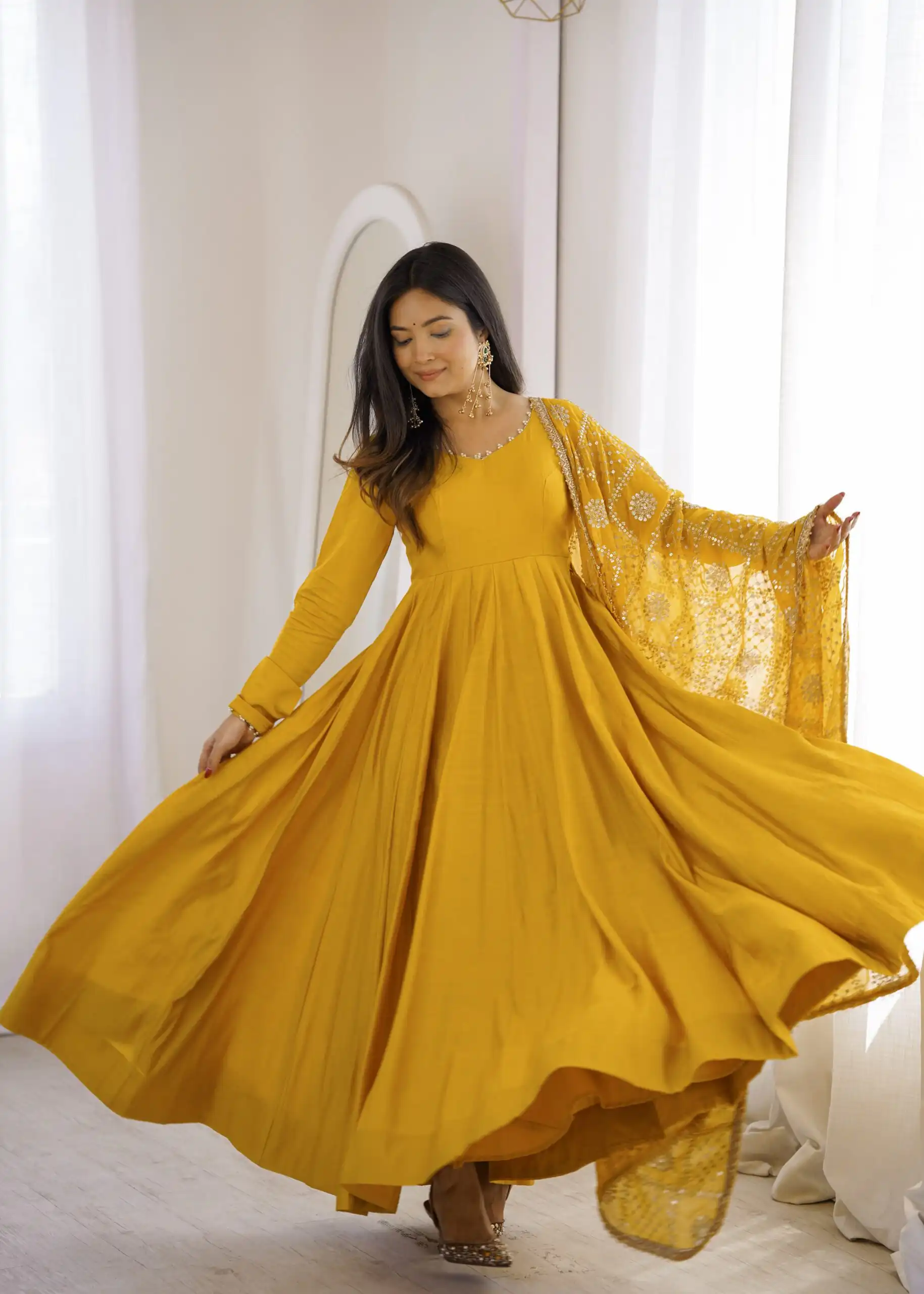 Super Yellow Roman Silk Chanderi Lace Work Anarkali Suit