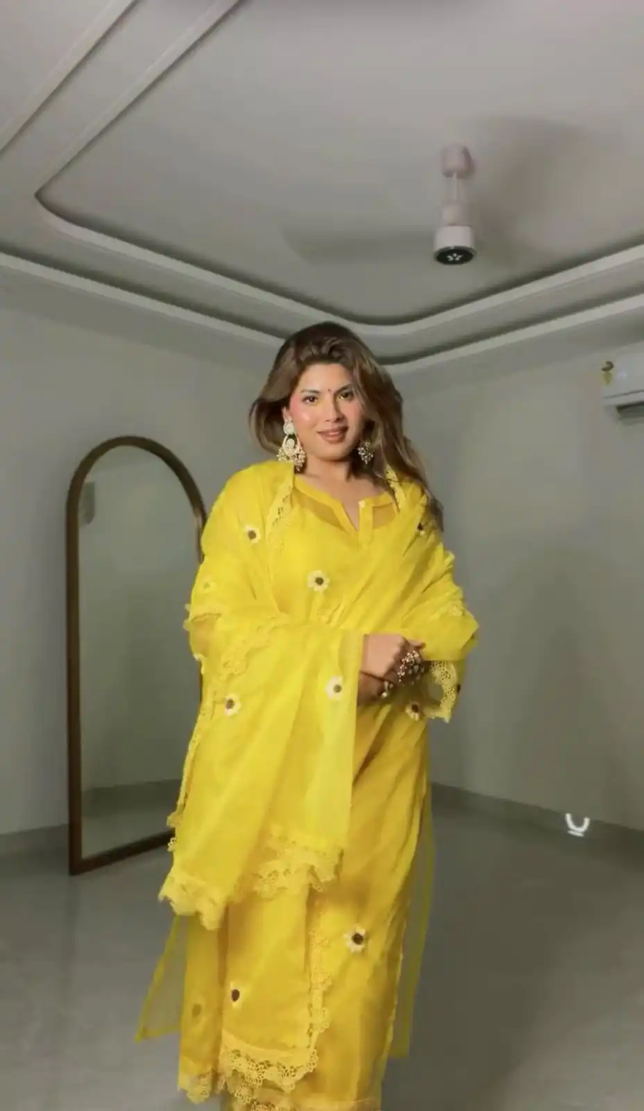 Super Yellow Soft Nylon Organza Thread Work Salwar Suit - Image 3