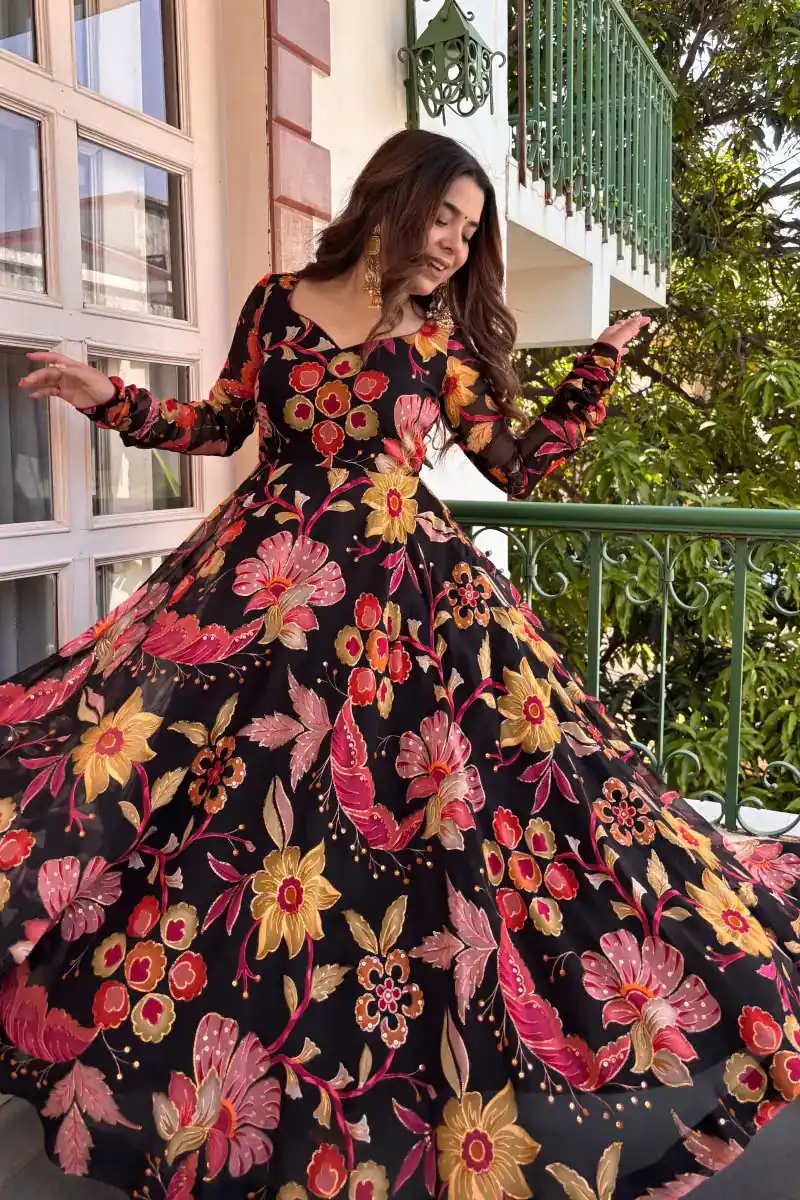 Trendy Black Tabby Organza Digital Print Work Anarkali Suit