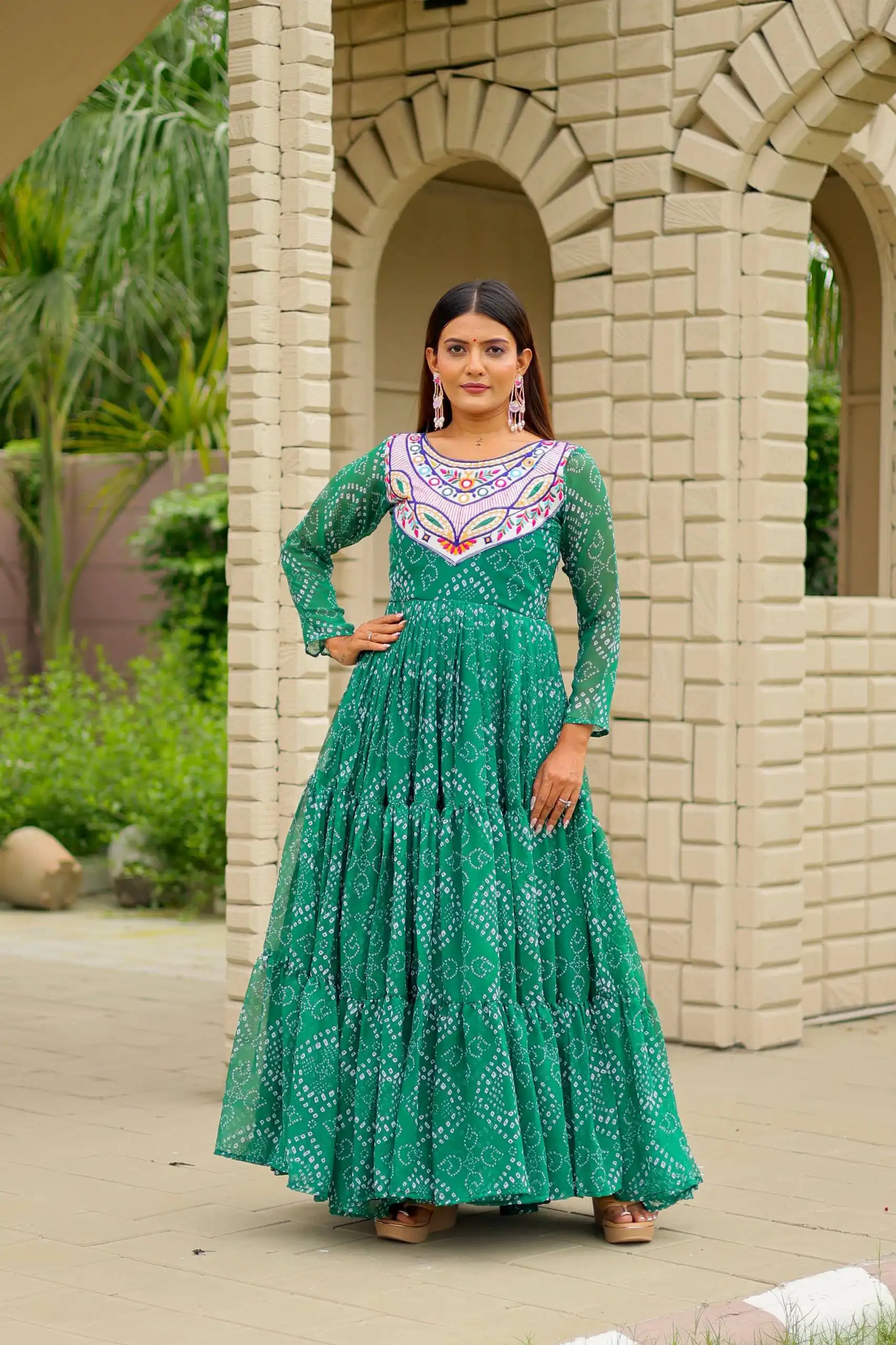 Trendy Green Faux Georgette Bandhani Thread Work Gown - Image 6