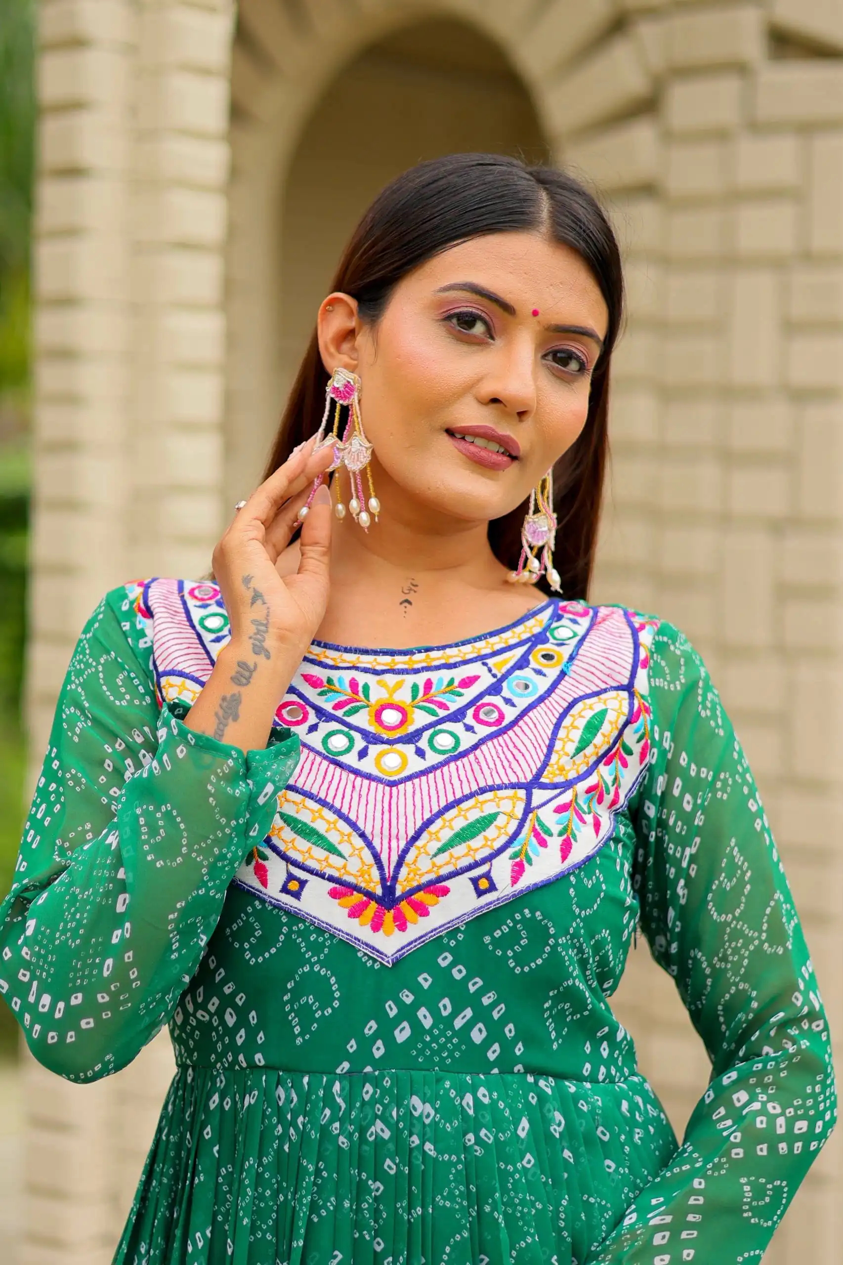 Trendy Green Faux Georgette Bandhani Thread Work Gown - Image 2