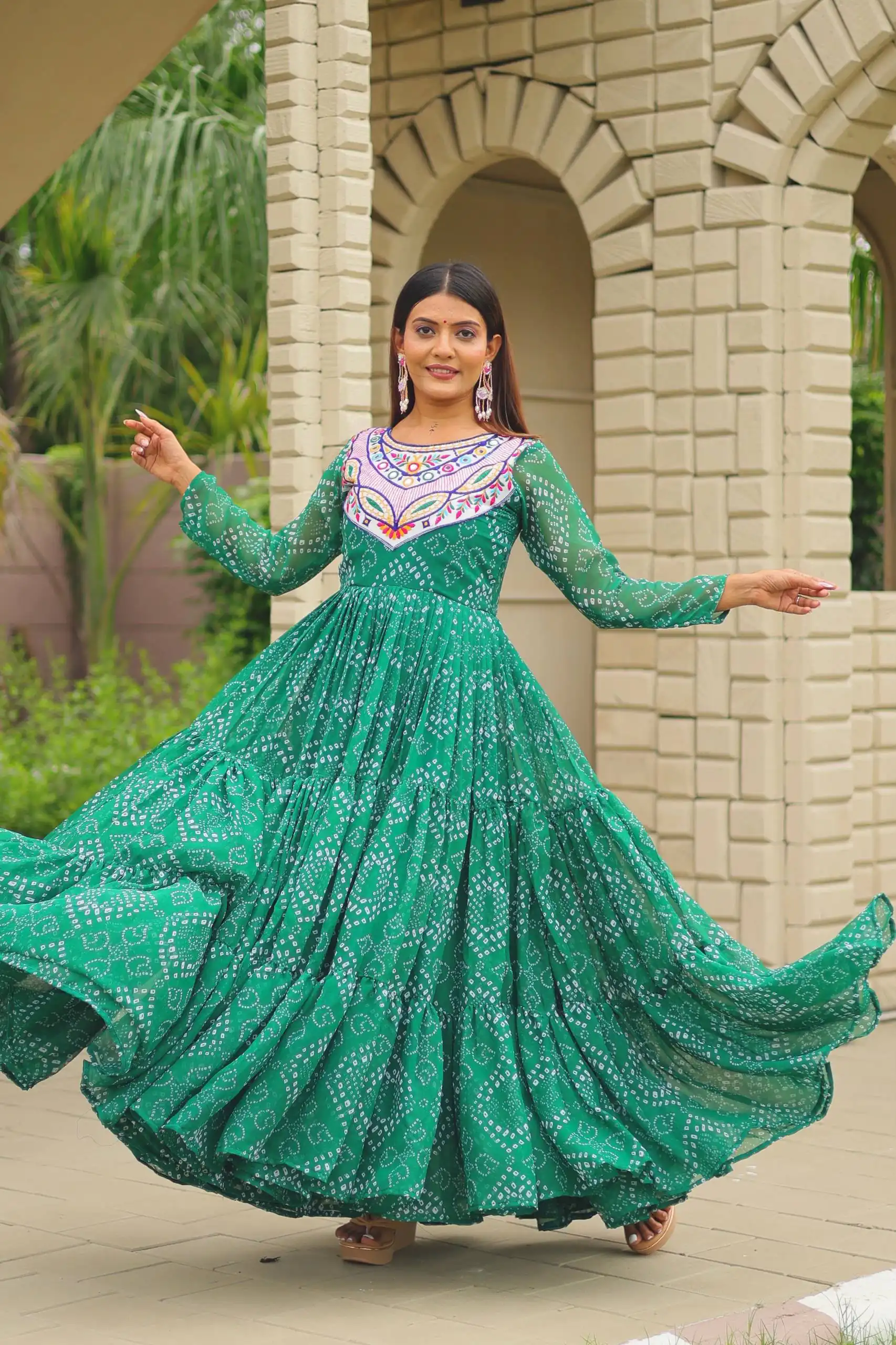 Trendy Green Faux Georgette Bandhani Thread Work Gown