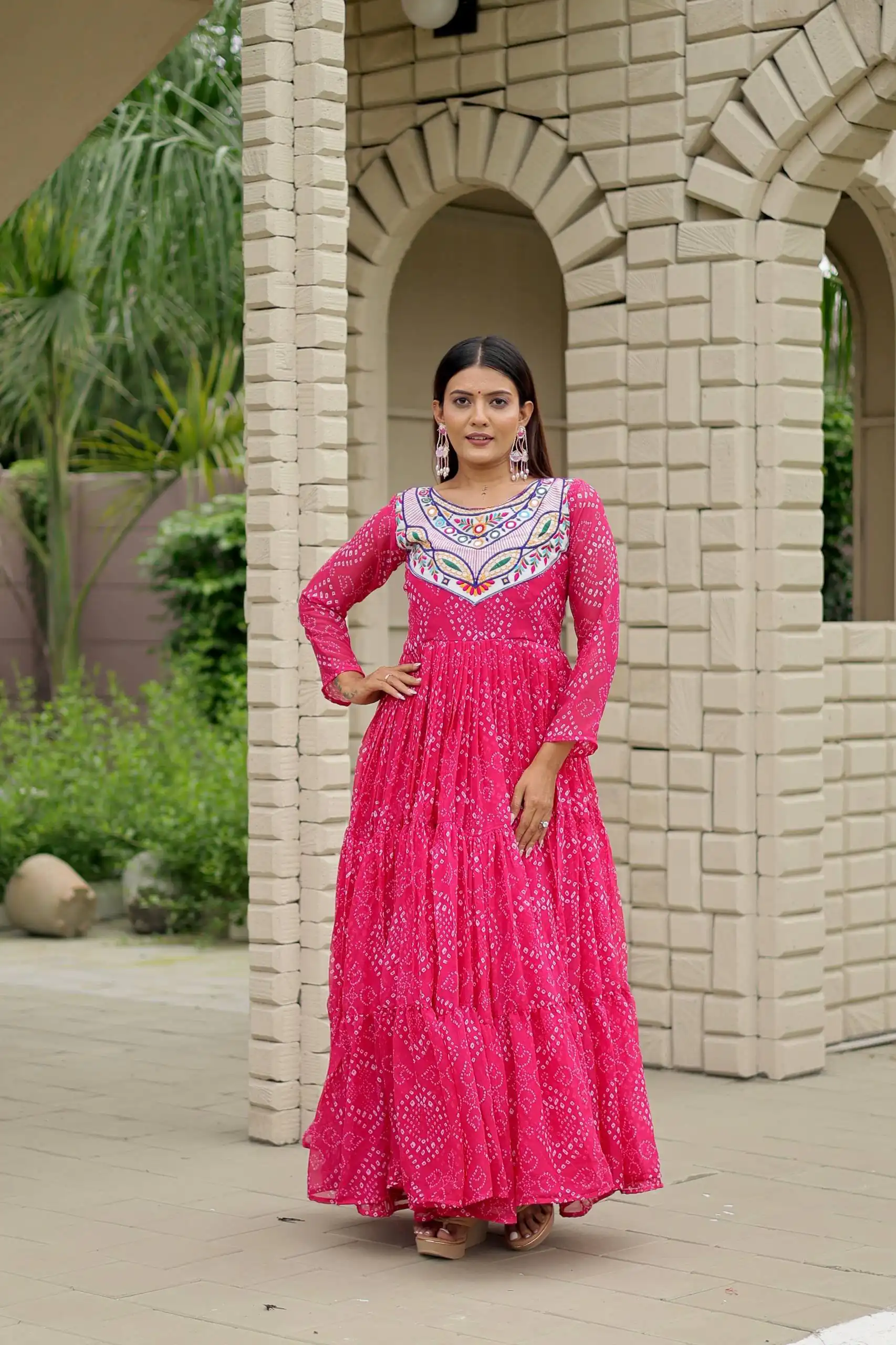 Trendy Pink Faux Georgette Bandhani Thread Work Gown - Image 2
