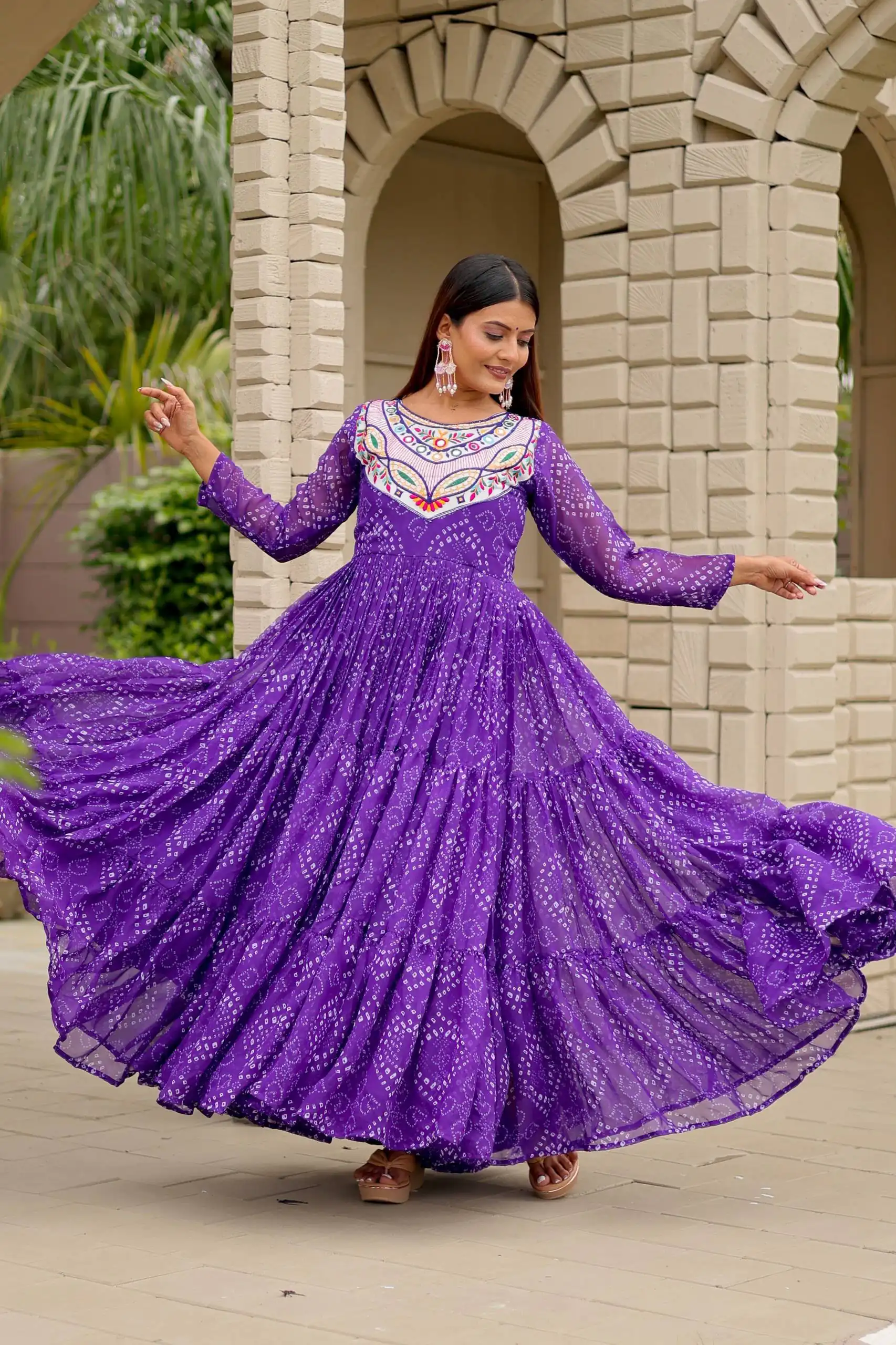 Trendy Purple Faux Georgette Bandhani Thread Work Gown - Image 3