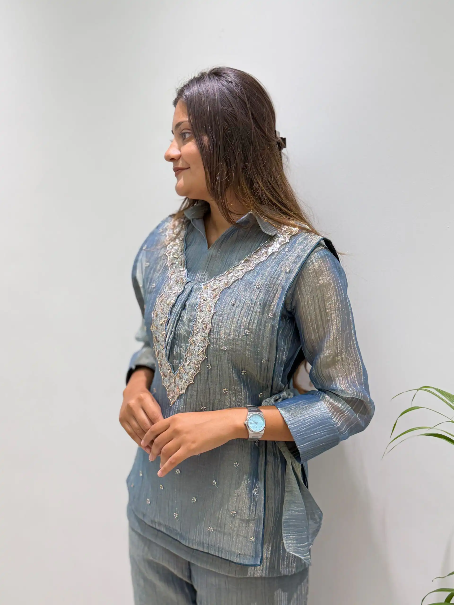 Unique Blue Salsa Silk Hand Work Kurti - Image 4