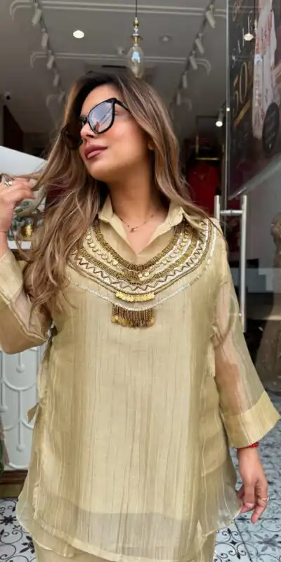 Alternative view of Unique Chiku Salsa Crushed Hand Work Shrug Kurti