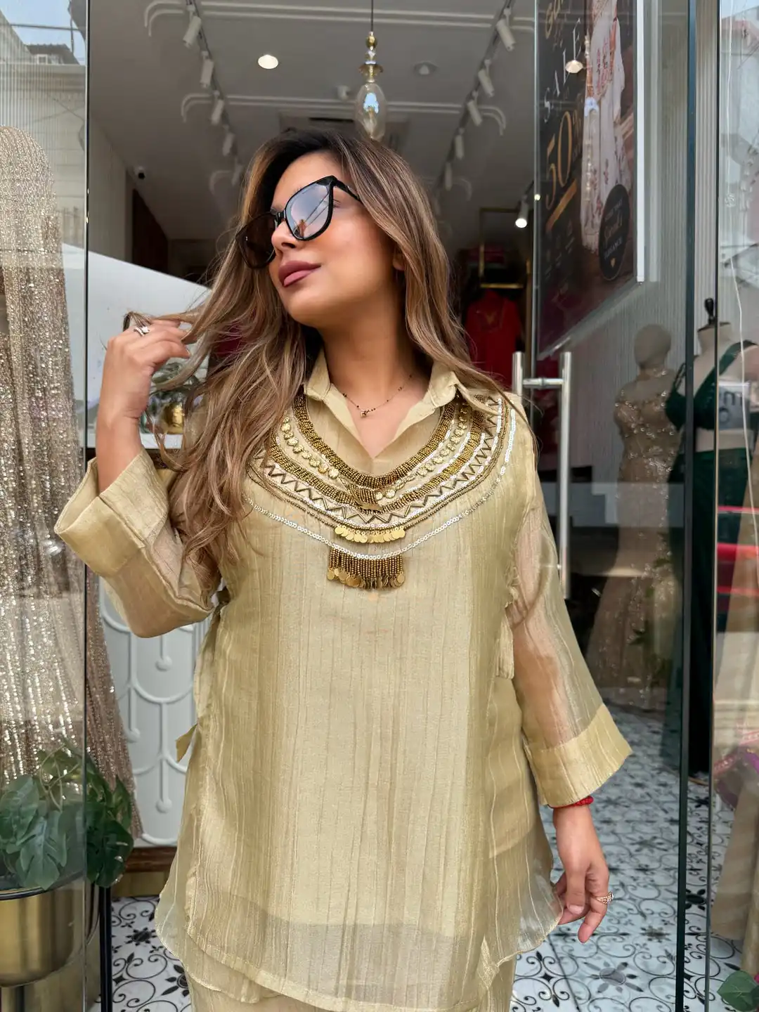 Unique Chiku Salsa Crushed Hand Work Shrug Kurti - Image 2