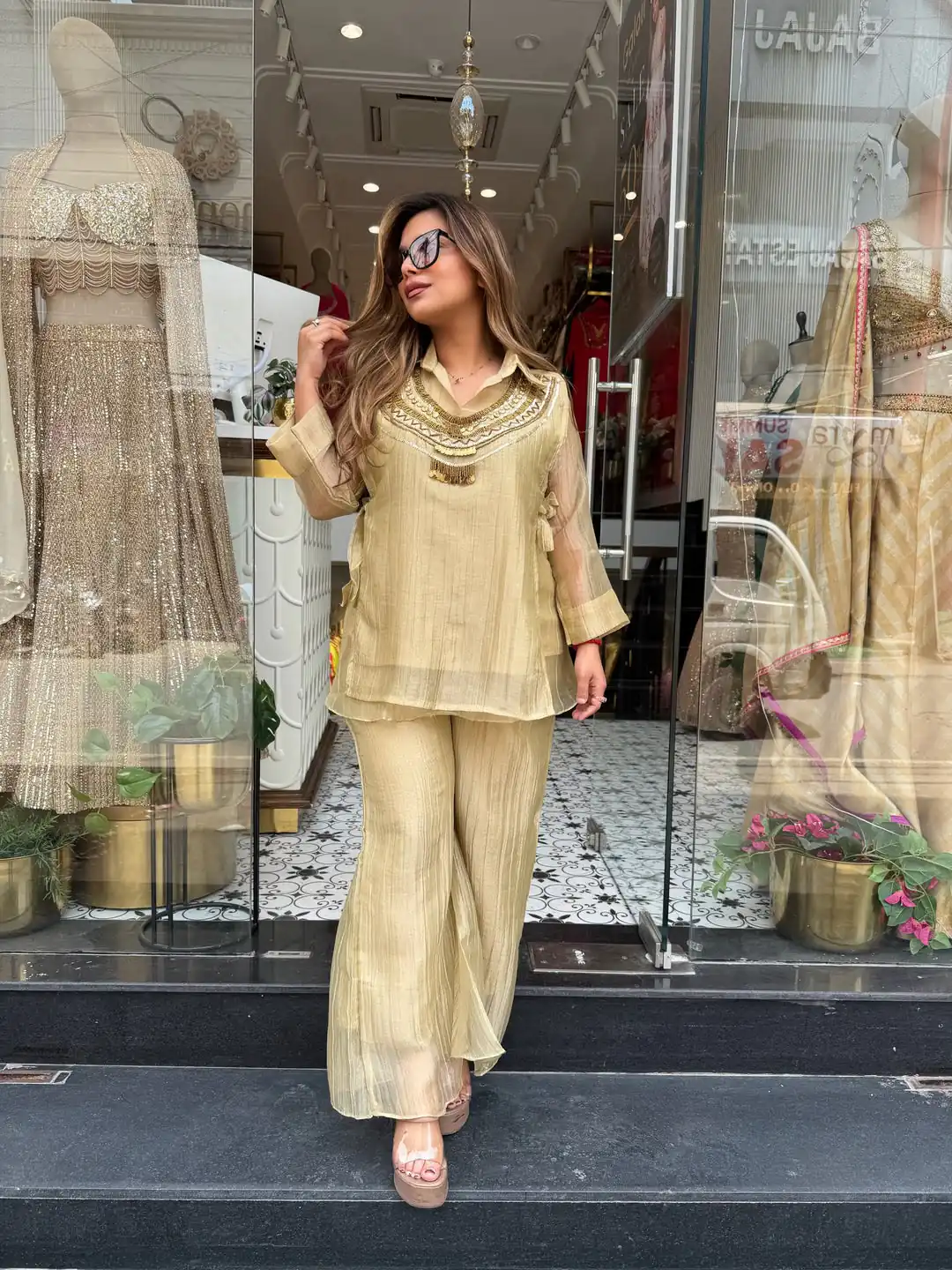 Unique Chiku Salsa Crushed Hand Work Shrug Kurti