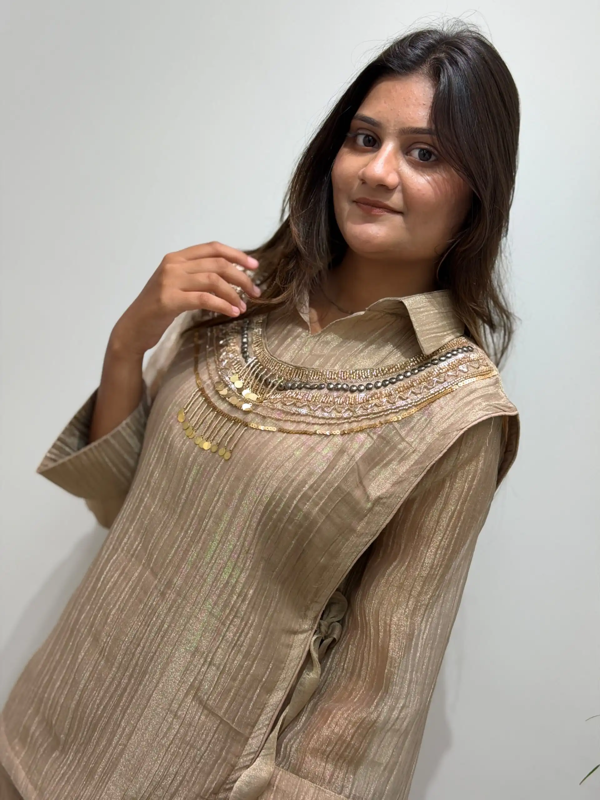Unique Chiku Salsa Silk Hand Work Kurti - Image 3