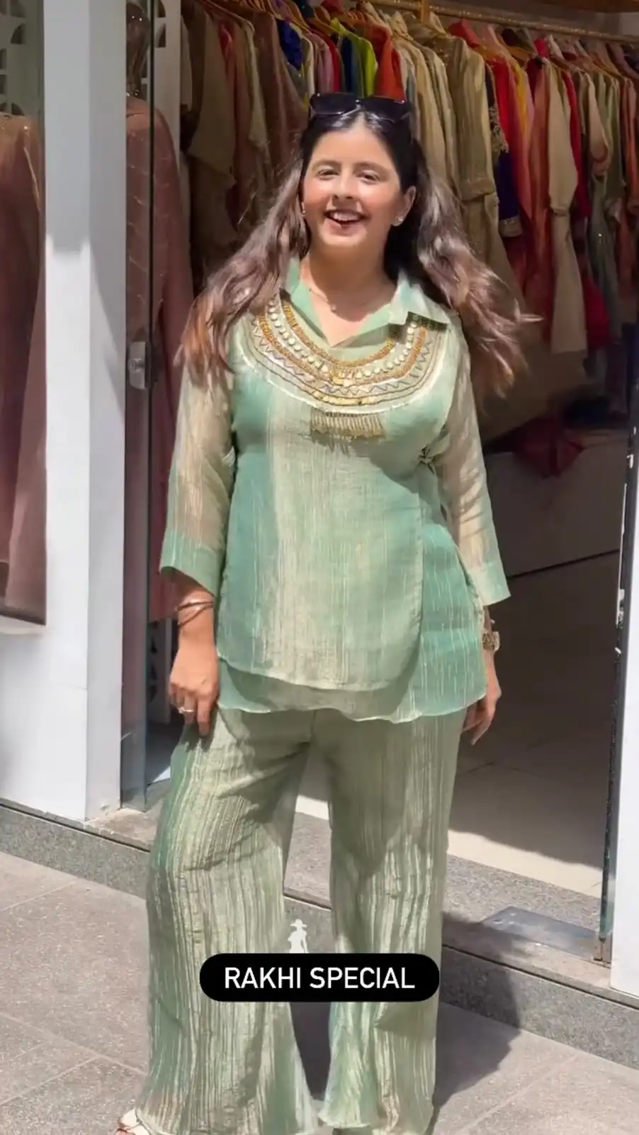 Unique Pista Salsa Crushed Hand Work Shrug Kurti