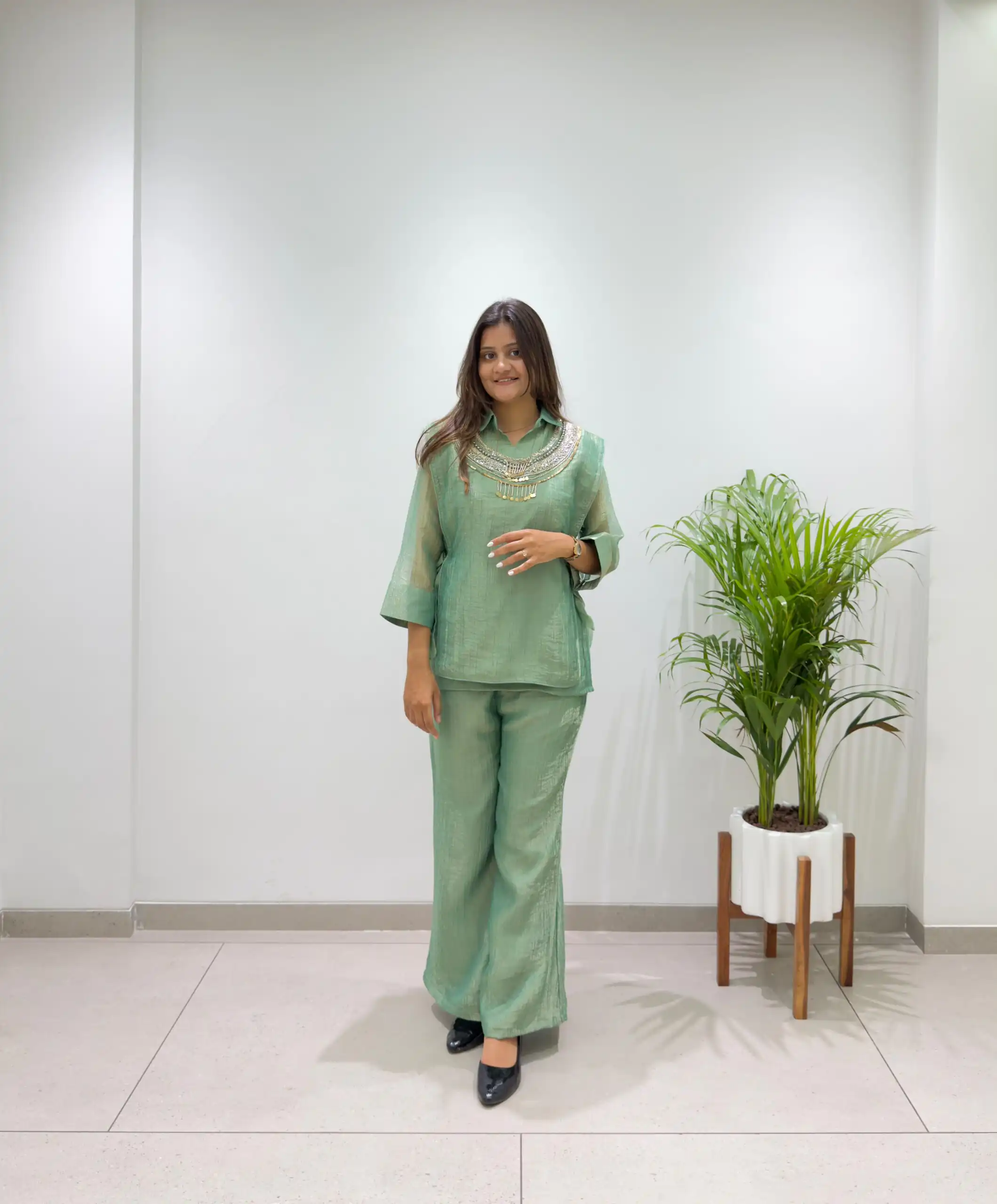 Unique Pista Salsa Silk Hand Work Kurti