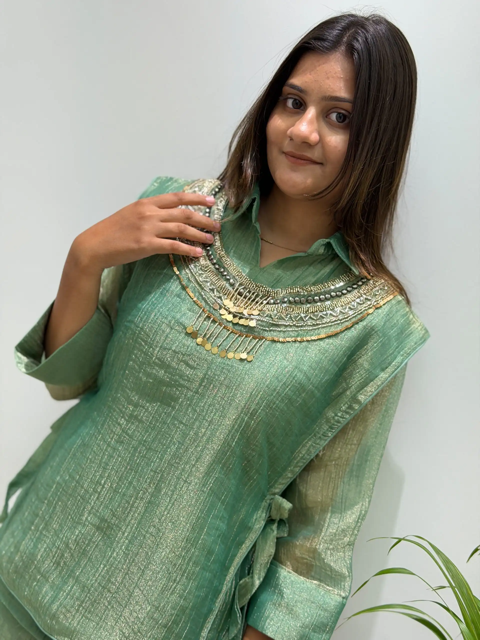 Unique Pista Salsa Silk Hand Work Kurti - Image 4