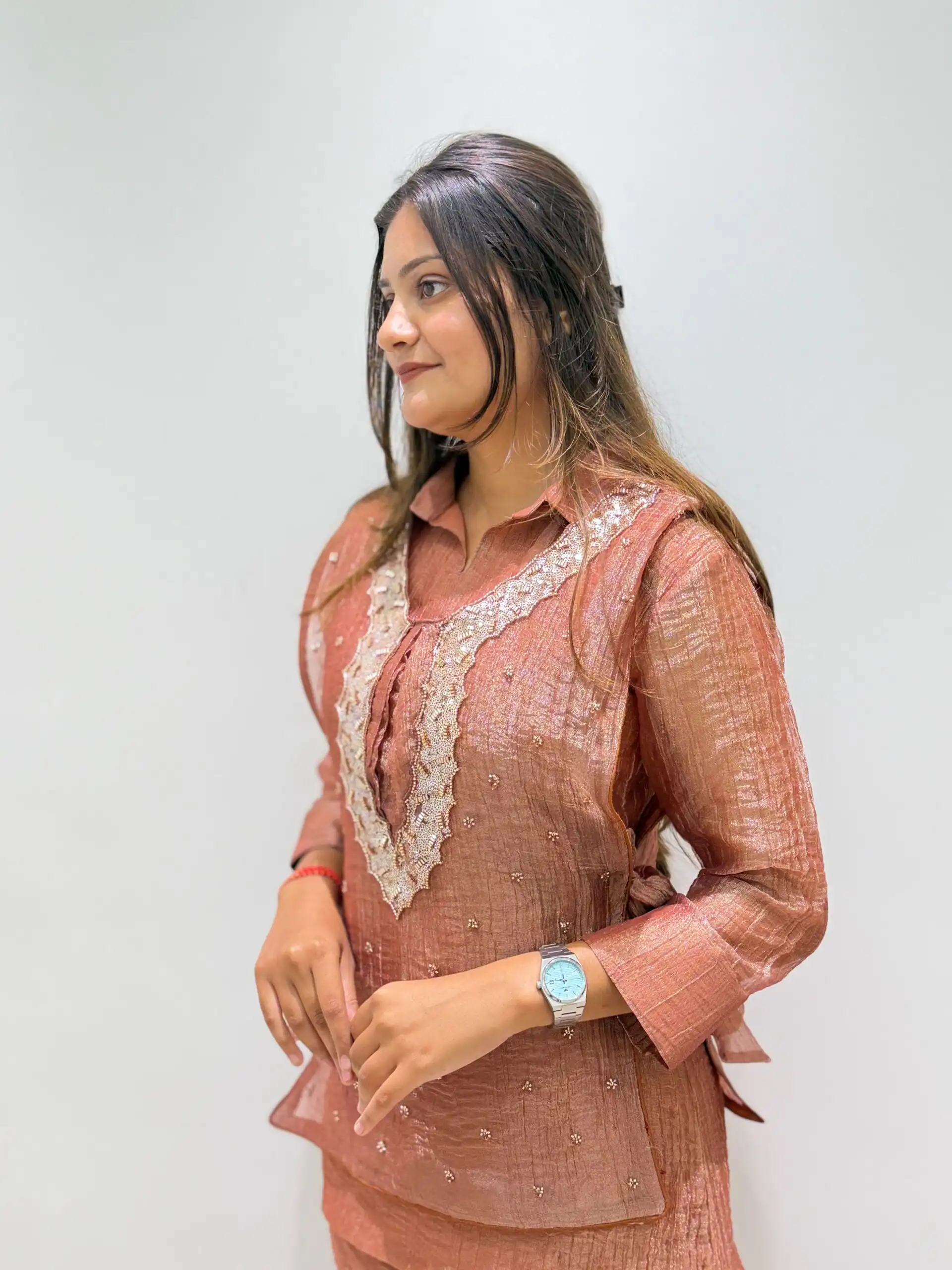Unique Rust Salsa Silk Hand Work Kurti - Image 5