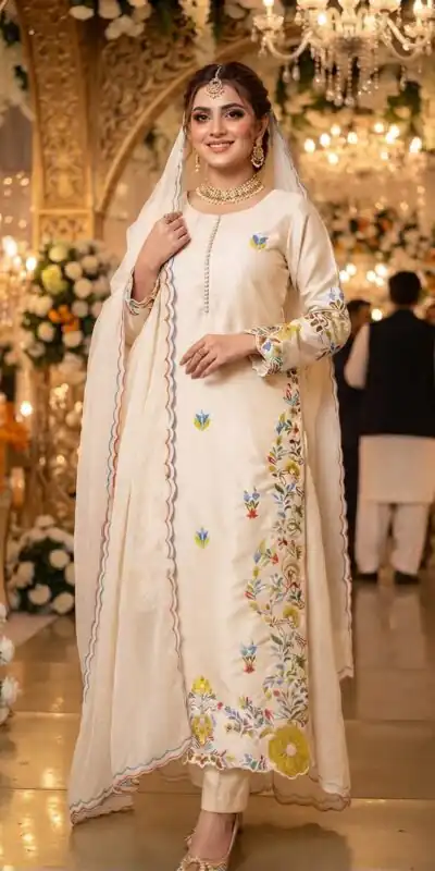 Beautiful Off White Glass Roman Embroidery Work Salwar Suit