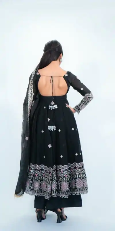 ST 1196 Black Color Fendy Satin Gown with Lace Work & Embroidery Work. Get it for ₹2699. Delivery 4-6 Working Days. Shop now. | Bollywood Gowns, Creative Gowns, Designer Gowns, Embroidered Gowns, Gowns, Party Wear Gowns, Salwar suit