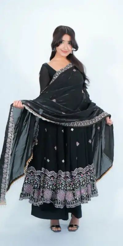 ST 1196 Black Color Fendy Satin Gown with Lace Work & Embroidery Work. Get it for ₹2699. Delivery 4-6 Working Days. Shop now. | Bollywood Gowns, Creative Gowns, Designer Gowns, Embroidered Gowns, Gowns, Party Wear Gowns, Salwar suit