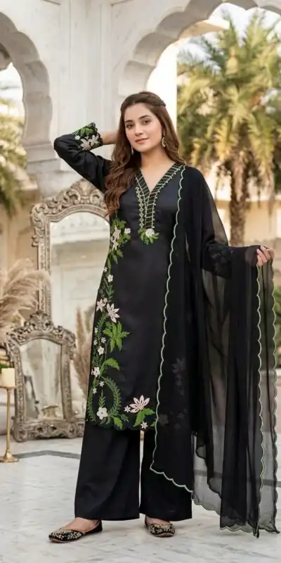 ST 249 Black Roman Silk Salwar Suit with Sequins Work & Embroidery Work. Available at ₹2099 only. Delivery 4-6 Working Days. Shop now. | Casual Suits, Jump Suits, Creative suits, Designer Suits, Palazzo Suits, Party Wear Suits, Patiala Suits, Salwar suit, Straight Suits