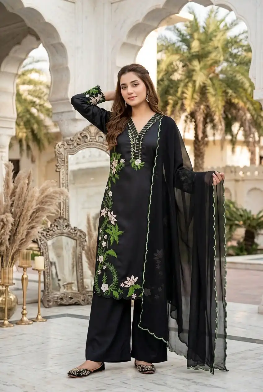 ST 249 Black Roman Silk Salwar Suit with Sequins Work & Embroidery Work. Available at ₹2099 only. Delivery 4-6 Working Days. Shop now. | Casual Suits, Jump Suits, Creative suits, Designer Suits, Palazzo Suits, Party Wear Suits, Patiala Suits, Salwar suit, Straight Suits