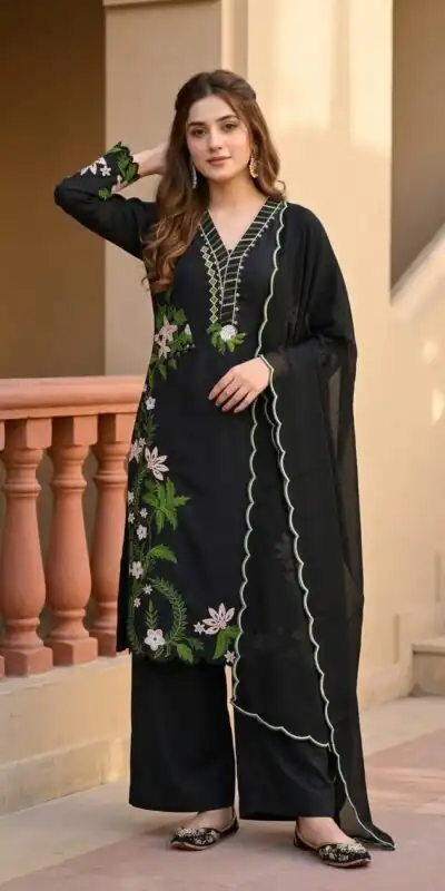 ST 249 Black Roman Silk Salwar Suit with Sequins Work & Embroidery Work. Available at ₹2099 only. Delivery 4-6 Working Days. Shop now. | Casual Suits, Jump Suits, Creative suits, Designer Suits, Palazzo Suits, Party Wear Suits, Patiala Suits, Salwar suit, Straight Suits