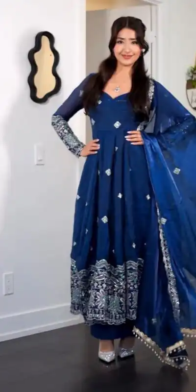 ST 1196 Blue Color Fendy Satin Gown with Lace Work & Embroidery Work. Get it for ₹2699. Delivery 4-6 Working Days. Shop now. | Bollywood Gowns, Creative Gowns, Designer Gowns, Embroidered Gowns, Gowns, Party Wear Gowns