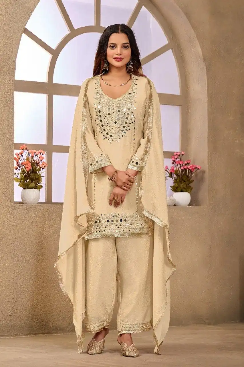 FC 102 Cream Chinon Silk Salwar Suit Perfect for Wedding, Party, Ganesh Chaturthi, Baby Shower, Makar Sankranti – . Affordable Price ₹2949. Delivery | Casual Suits, Jump Suits, Creative suits, Designer Suits, Palazzo Suits, Party Wear Suits, Patiala Suits, Salwar suit, Straight Suits