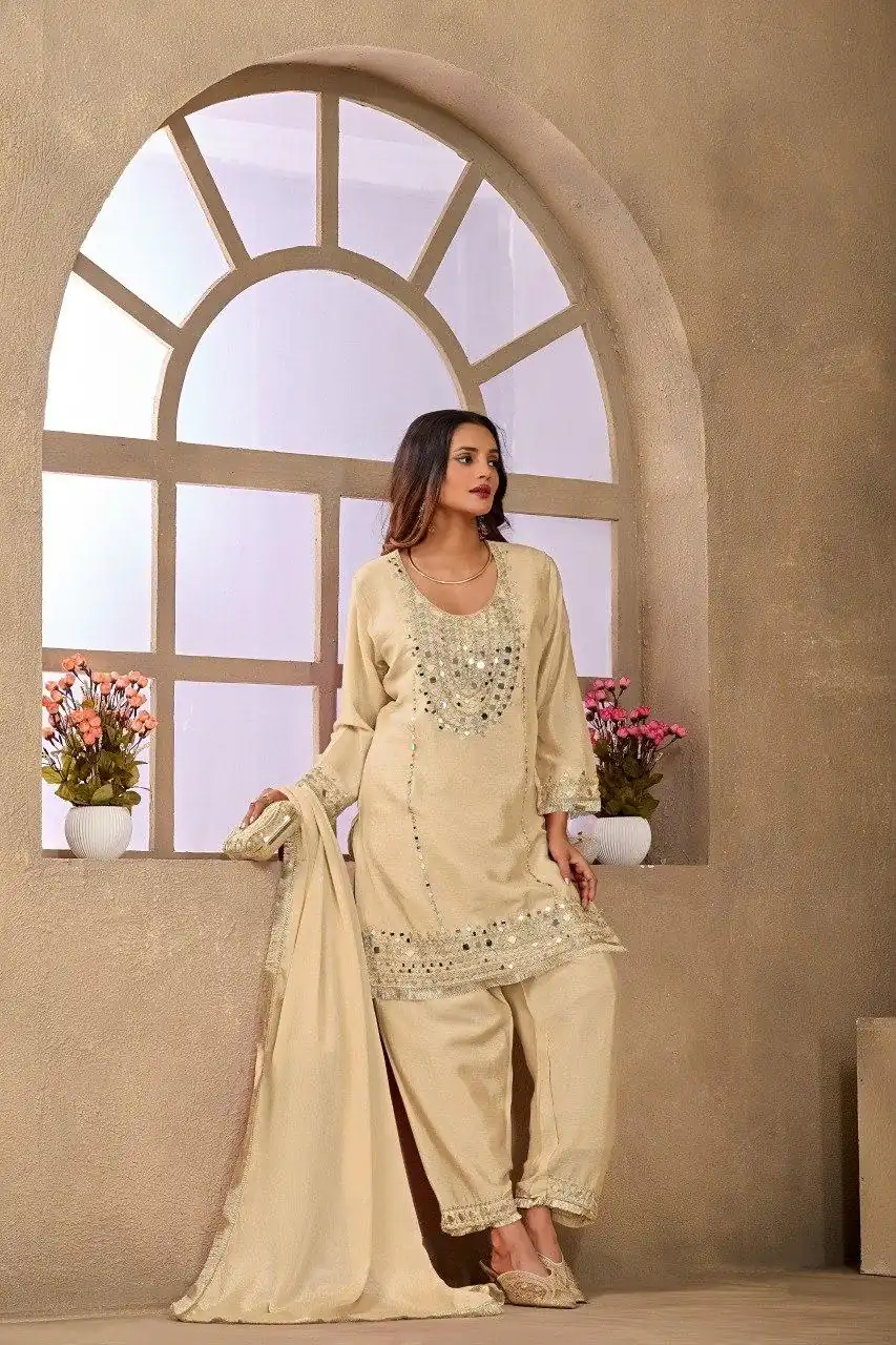 FC 102 Cream Chinon Silk Salwar Suit Perfect for Wedding, Party, Ganesh Chaturthi, Baby Shower, Makar Sankranti – . Affordable Price ₹2949. Delivery | Casual Suits, Jump Suits, Creative suits, Designer Suits, Palazzo Suits, Party Wear Suits, Patiala Suits, Salwar suit, Straight Suits