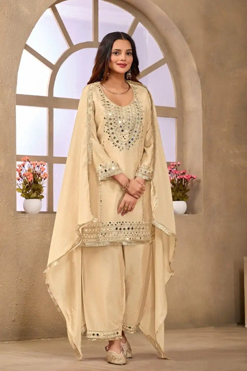 FC 102 Cream Chinon Silk Salwar Suit Perfect for Wedding, Party, Ganesh Chaturthi, Baby Shower, Makar Sankranti – . Affordable Price ₹2949. Delivery | Casual Suits, Jump Suits, Creative suits, Designer Suits, Palazzo Suits, Party Wear Suits, Patiala Suits, Salwar suit, Straight Suits