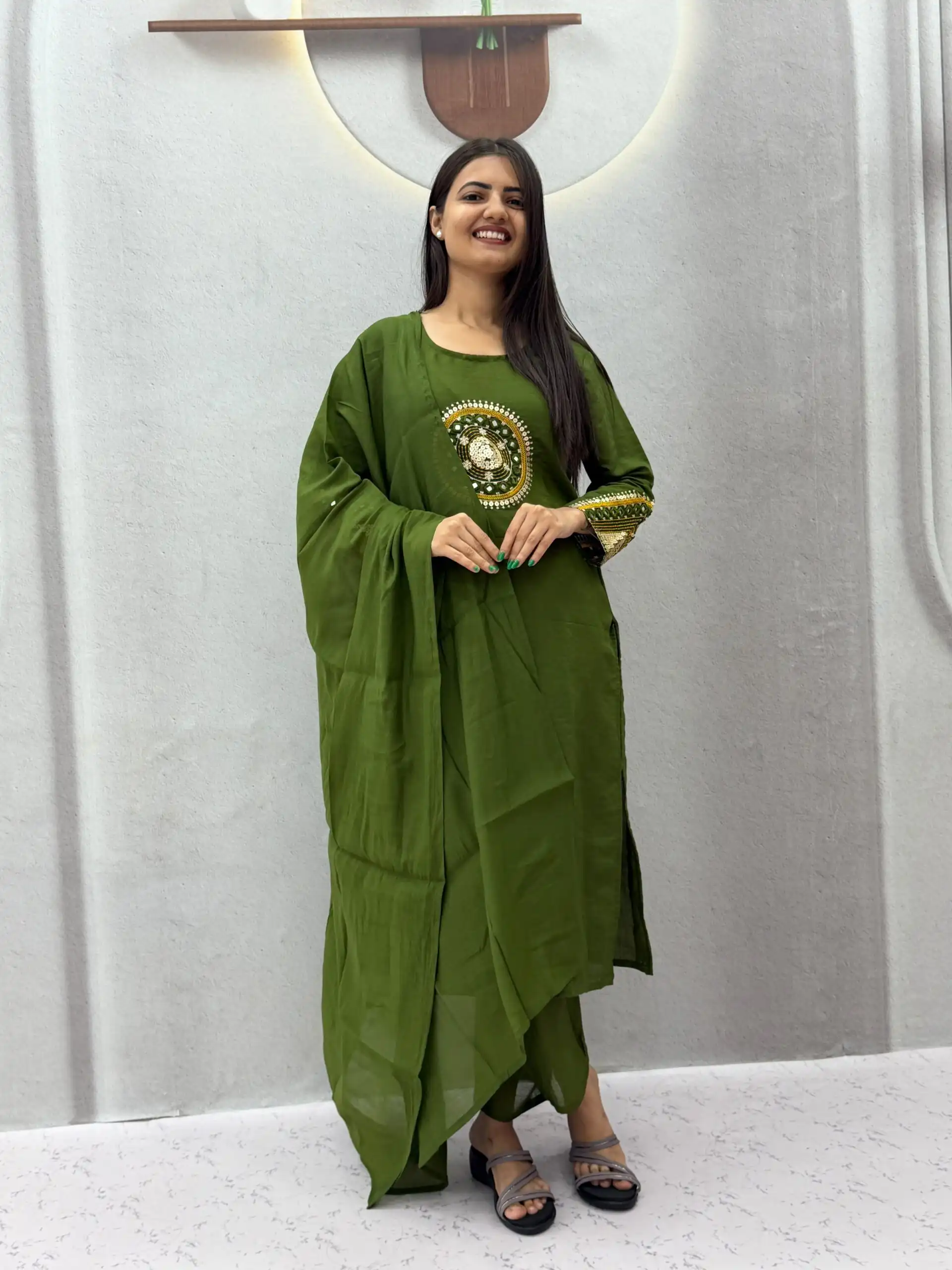 PC 598 Green Roman Silk Salwar Suit with Sequins Work & Embroidery Work. Available at ₹2099 only. Delivery 4-6 Working Days. Shop now. | Casual Suits, Jump Suits, Creative suits, Designer Suits, Palazzo Suits, Party Wear Suits, Patiala Suits, Salwar suit, Straight Suits