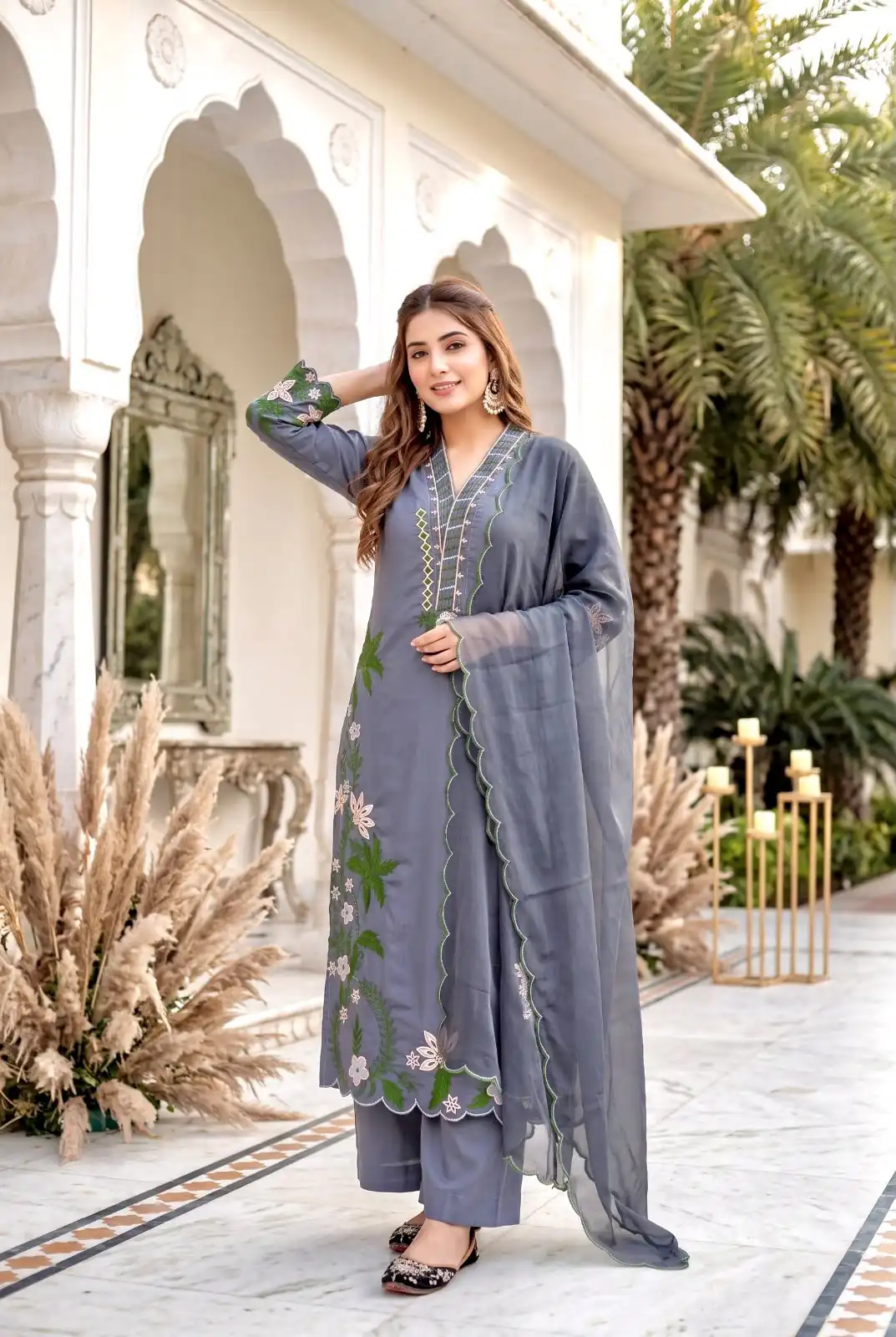 ST 249 Grey Roman Silk Salwar Suit with Sequins Work & Embroidery Work. Available at ₹2099 only. Delivery 4-6 Working Days. Shop now. | Casual Suits, Jump Suits, Creative suits, Designer Suits, Palazzo Suits, Party Wear Suits, Patiala Suits, Salwar suit, Straight Suits