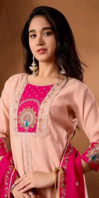 DIVA 150 Peach Roman Silk Salwar Suit with Sequins Work & Embroidery Work. Available at ₹2449 only. Delivery 4-6 Working Days. Shop now. | Casual Suits, Jump Suits, Creative suits, Designer Suits, Palazzo Suits, Party Wear Suits, Patiala Suits, Salwar suit, Straight Suits