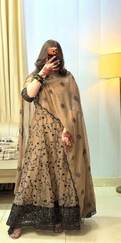 WW 1277 Cream Fox Perfect for Wedding, Party, Durga Puja, Diwali, Anniversary Georgette Gown. Now at just ₹2399. Delivery 4-6 Working Days. Shop now. | Bollywood Gowns, Creative Gowns, Designer Gowns, Embroidered Gowns, Gowns, Party Wear Gowns