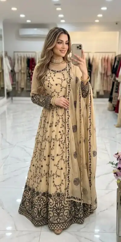 WW 1277 Cream Fox Perfect for Wedding, Party, Durga Puja, Diwali, Anniversary Georgette Gown. Now at just ₹2399. Delivery 4-6 Working Days. Shop now. | Bollywood Gowns, Creative Gowns, Designer Gowns, Embroidered Gowns, Gowns, Party Wear Gowns