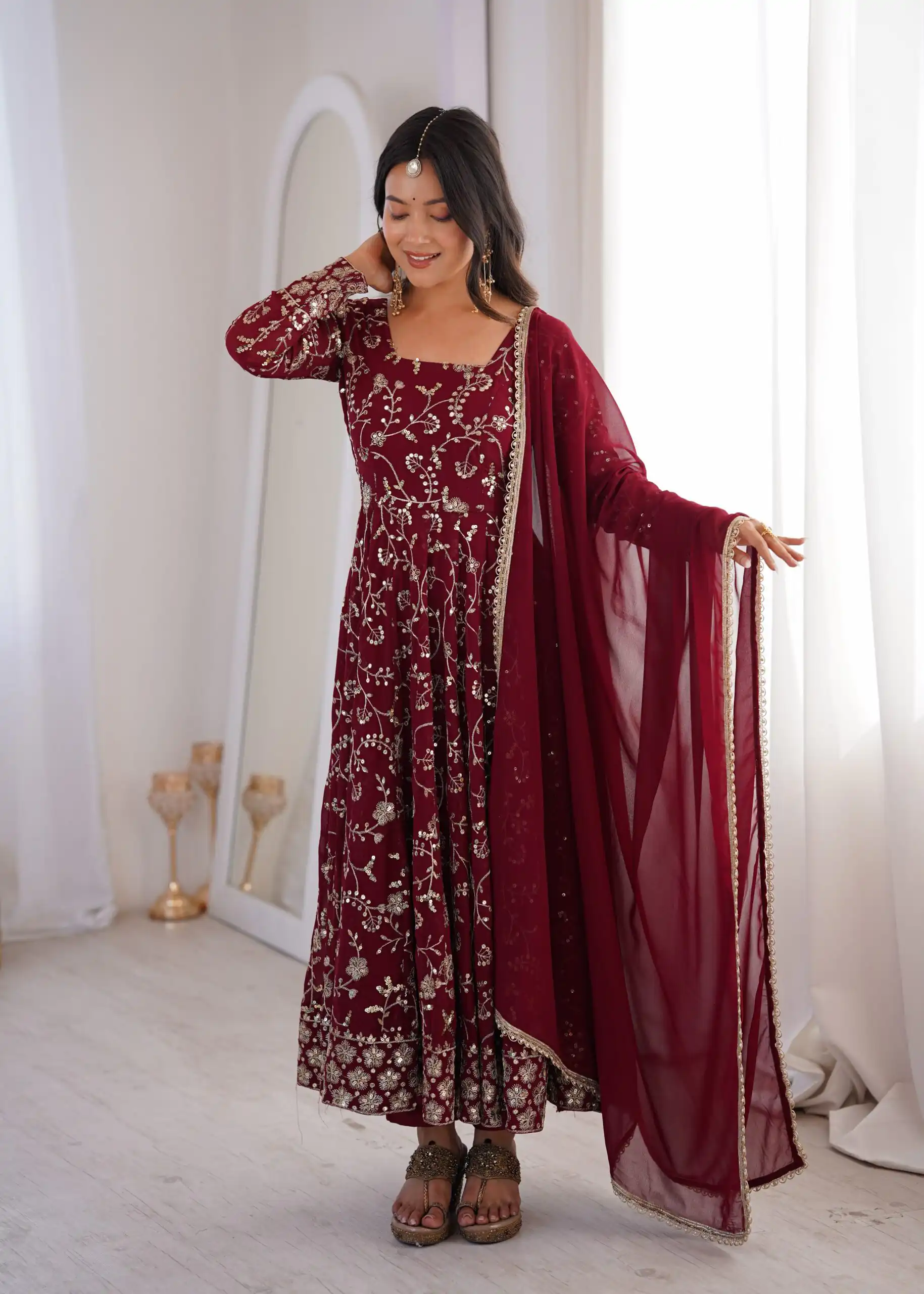 ZF 5024 Maroon Fox Perfect for Wedding, Party, Durga Puja, Diwali, Anniversary –Georgette Gown. Now at just ₹2399. Delivery 4-6 Working Days. Shop now. | Bollywood Gowns, Creative Gowns, Designer Gowns, Embroidered Gowns, Gowns, Party Wear Gowns