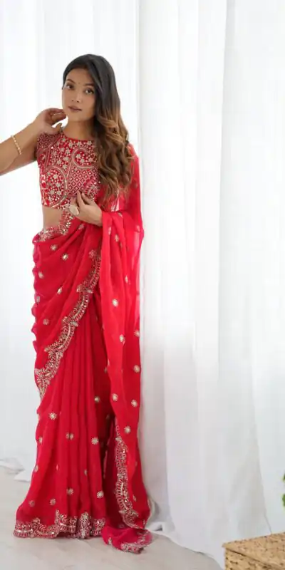 SP 88 Red Red Fendy Chiffon Saree with Embroidery Work & Sequins Work. Special Price ₹2149. Delivery 4-6 Working Days. Shop now. | Creative Sarees, Bollywood Sarees, Designer Sarees, Embroidered Sarees, Ethnic Saree, Modern Digital sarees, Party Wear Sarees, Sarees