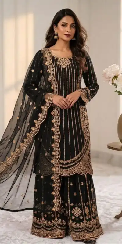 VLM 331 Black Faux Georgette Salwar Suit erfect for Wedding, Party, Mehendi, Pongal, Reception – . Available at ₹2449 only. Delivery 4-6 Working Days | Casual Suits, Jump Suits, Creative suits, Designer Suits, Palazzo Suits, Party Wear Suits, Patiala Suits, Salwar suit, Straight Suits