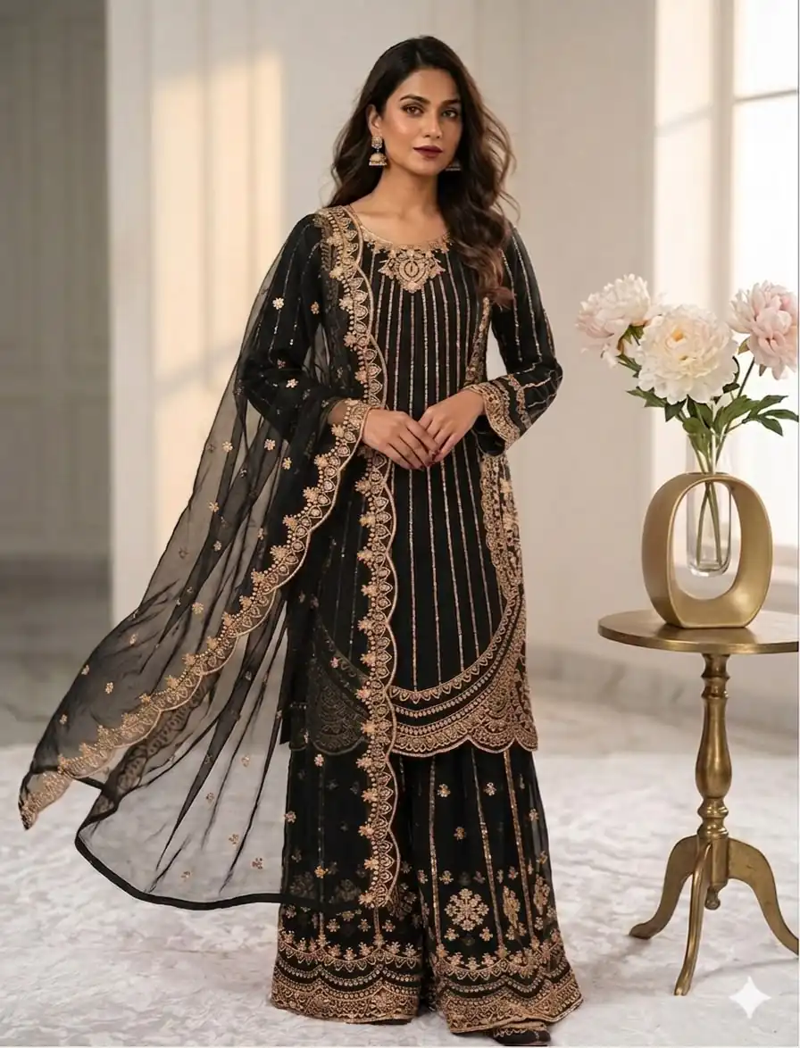 VLM 331 Black Faux Georgette Salwar Suit erfect for Wedding, Party, Mehendi, Pongal, Reception – . Available at ₹2449 only. Delivery 4-6 Working Days | Casual Suits, Jump Suits, Creative suits, Designer Suits, Palazzo Suits, Party Wear Suits, Patiala Suits, Salwar suit, Straight Suits