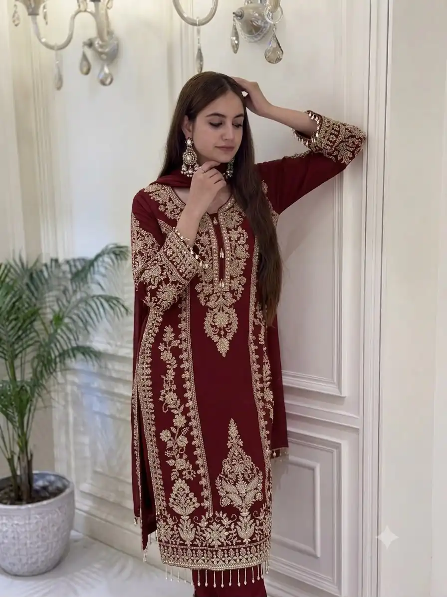 SRK 5365 Maroon Faux Georgette Salwar Suit erfect for Wedding, Party, Mehendi, Pongal, Reception – . Available at ₹2449 only. Delivery 4-6 Working Days | Casual Suits, Jump Suits, Creative suits, Designer Suits, Palazzo Suits, Party Wear Suits, Patiala Suits, Salwar suit, Straight Suits