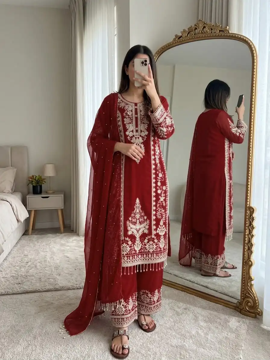 SRK 5365 Maroon Faux Georgette Salwar Suit erfect for Wedding, Party, Mehendi, Pongal, Reception – . Available at ₹2449 only. Delivery 4-6 Working Days | Casual Suits, Jump Suits, Creative suits, Designer Suits, Palazzo Suits, Party Wear Suits, Patiala Suits, Salwar suit, Straight Suits