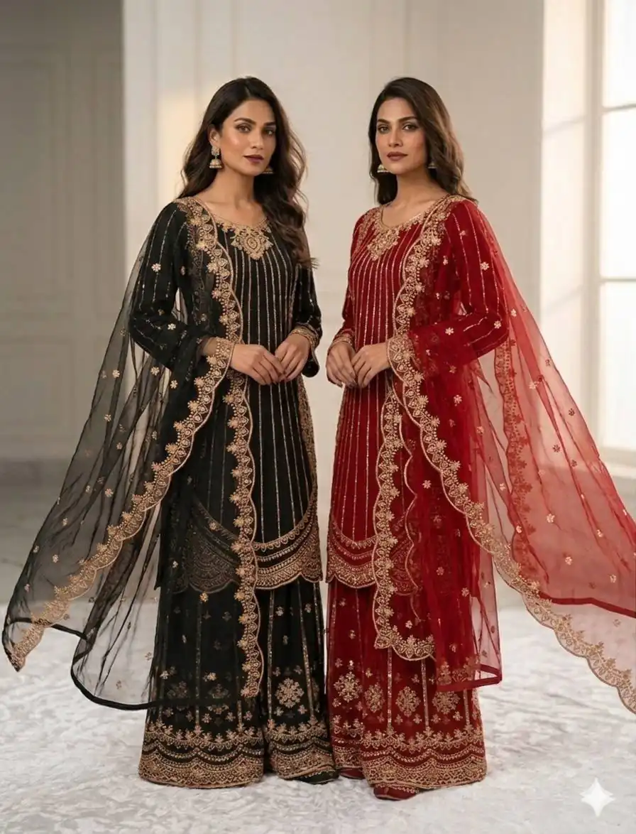 VLM 331 Red Faux Georgette Salwar Suit erfect for Wedding, Party, Mehendi, Pongal, Reception – . Available at ₹2449 only. Delivery 4-6 Working Days | Casual Suits, Jump Suits, Creative suits, Designer Suits, Palazzo Suits, Party Wear Suits, Patiala Suits, Salwar suit, Straight Suits