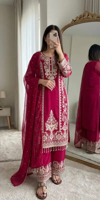 SRK 5365 Red Faux Georgette Salwar Suit erfect for Wedding, Party, Mehendi, Pongal, Reception – . Available at ₹2449 only. Delivery 4-6 Working Days | Casual Suits, Jump Suits, Creative suits, Designer Suits, Palazzo Suits, Party Wear Suits, Patiala Suits, Salwar suit, Straight Suits