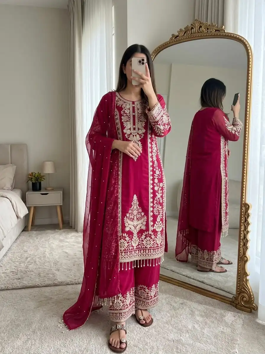 SRK 5365 Red Faux Georgette Salwar Suit erfect for Wedding, Party, Mehendi, Pongal, Reception – . Available at ₹2449 only. Delivery 4-6 Working Days | Casual Suits, Jump Suits, Creative suits, Designer Suits, Palazzo Suits, Party Wear Suits, Patiala Suits, Salwar suit, Straight Suits