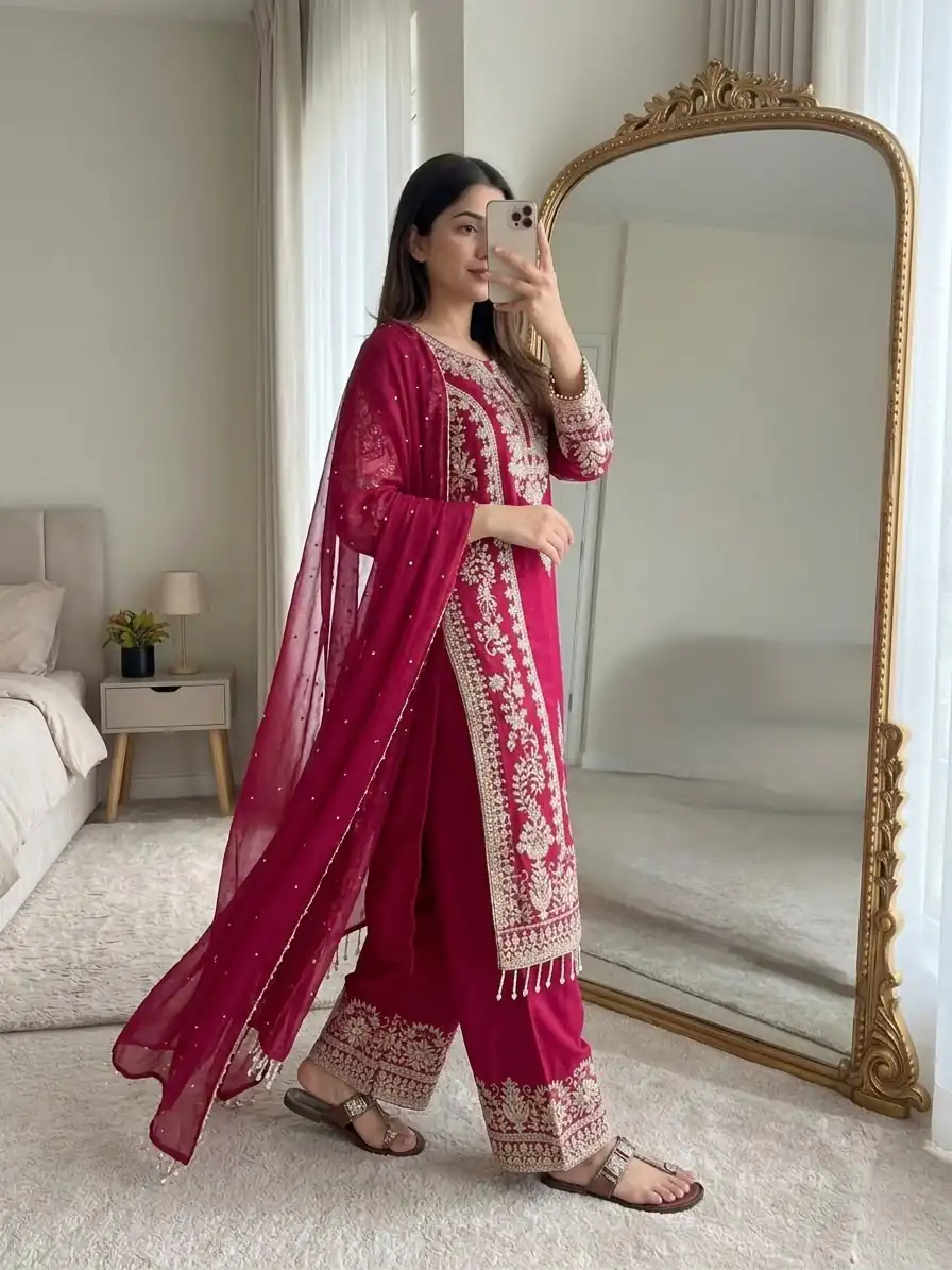 SRK 5365 Red Faux Georgette Salwar Suit erfect for Wedding, Party, Mehendi, Pongal, Reception – . Available at ₹2449 only. Delivery 4-6 Working Days | Casual Suits, Jump Suits, Creative suits, Designer Suits, Palazzo Suits, Party Wear Suits, Patiala Suits, Salwar suit, Straight Suits