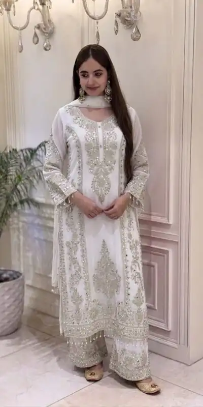 SRK 5365 White Faux Georgette Salwar Suit erfect for Wedding, Party, Mehendi, Pongal, Reception – . Available at ₹2449 only. Delivery 4-6 Working Days | Casual Suits, Jump Suits, Creative suits, Designer Suits, Palazzo Suits, Party Wear Suits, Patiala Suits, Salwar suit, Straight Suits
