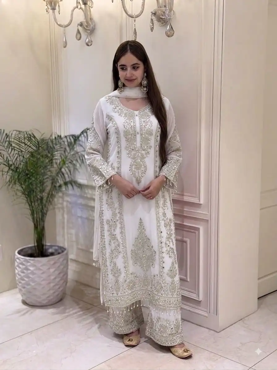 SRK 5365 White Faux Georgette Salwar Suit erfect for Wedding, Party, Mehendi, Pongal, Reception – . Available at ₹2449 only. Delivery 4-6 Working Days | Casual Suits, Jump Suits, Creative suits, Designer Suits, Palazzo Suits, Party Wear Suits, Patiala Suits, Salwar suit, Straight Suits