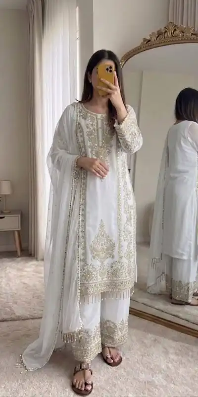 SRK 5365 White Faux Georgette Salwar Suit erfect for Wedding, Party, Mehendi, Pongal, Reception – . Available at ₹2449 only. Delivery 4-6 Working Days | Casual Suits, Jump Suits, Creative suits, Designer Suits, Palazzo Suits, Party Wear Suits, Patiala Suits, Salwar suit, Straight Suits
