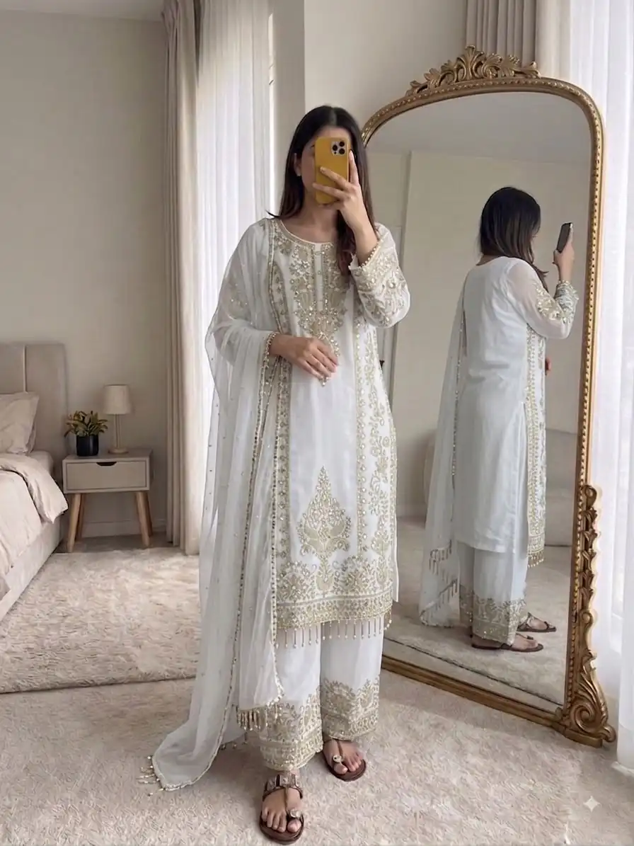 SRK 5365 White Faux Georgette Salwar Suit erfect for Wedding, Party, Mehendi, Pongal, Reception – . Available at ₹2449 only. Delivery 4-6 Working Days | Casual Suits, Jump Suits, Creative suits, Designer Suits, Palazzo Suits, Party Wear Suits, Patiala Suits, Salwar suit, Straight Suits