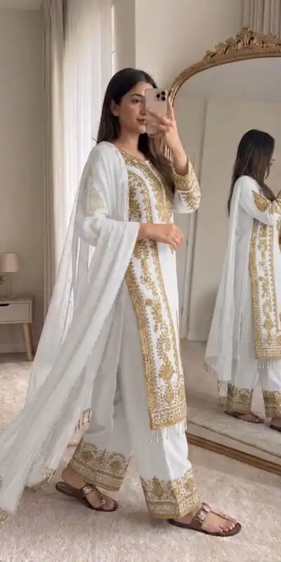 SRK 5365 White Faux Georgette Salwar Suit erfect for Wedding, Party, Mehendi, Pongal, Reception – . Available at ₹2449 only. Delivery 4-6 Working Days | Casual Suits, Jump Suits, Creative suits, Designer Suits, Palazzo Suits, Party Wear Suits, Patiala Suits, Salwar suit, Straight Suits