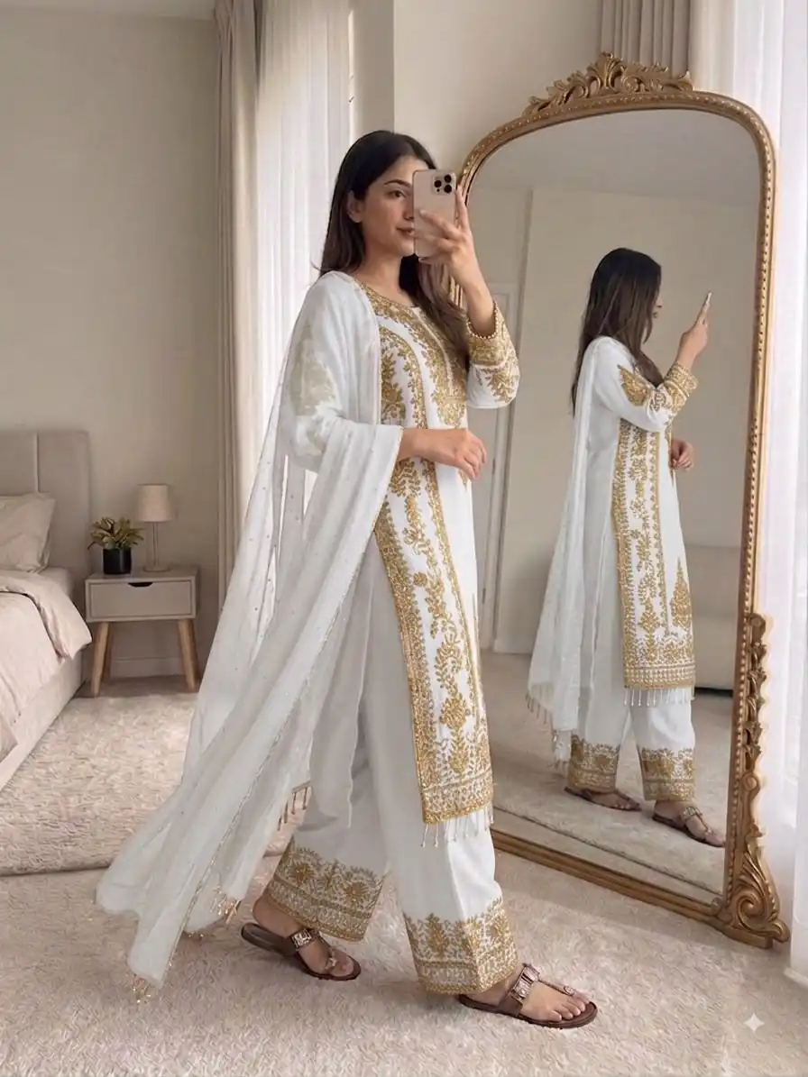 SRK 5365 White Faux Georgette Salwar Suit erfect for Wedding, Party, Mehendi, Pongal, Reception – . Available at ₹2449 only. Delivery 4-6 Working Days | Casual Suits, Jump Suits, Creative suits, Designer Suits, Palazzo Suits, Party Wear Suits, Patiala Suits, Salwar suit, Straight Suits